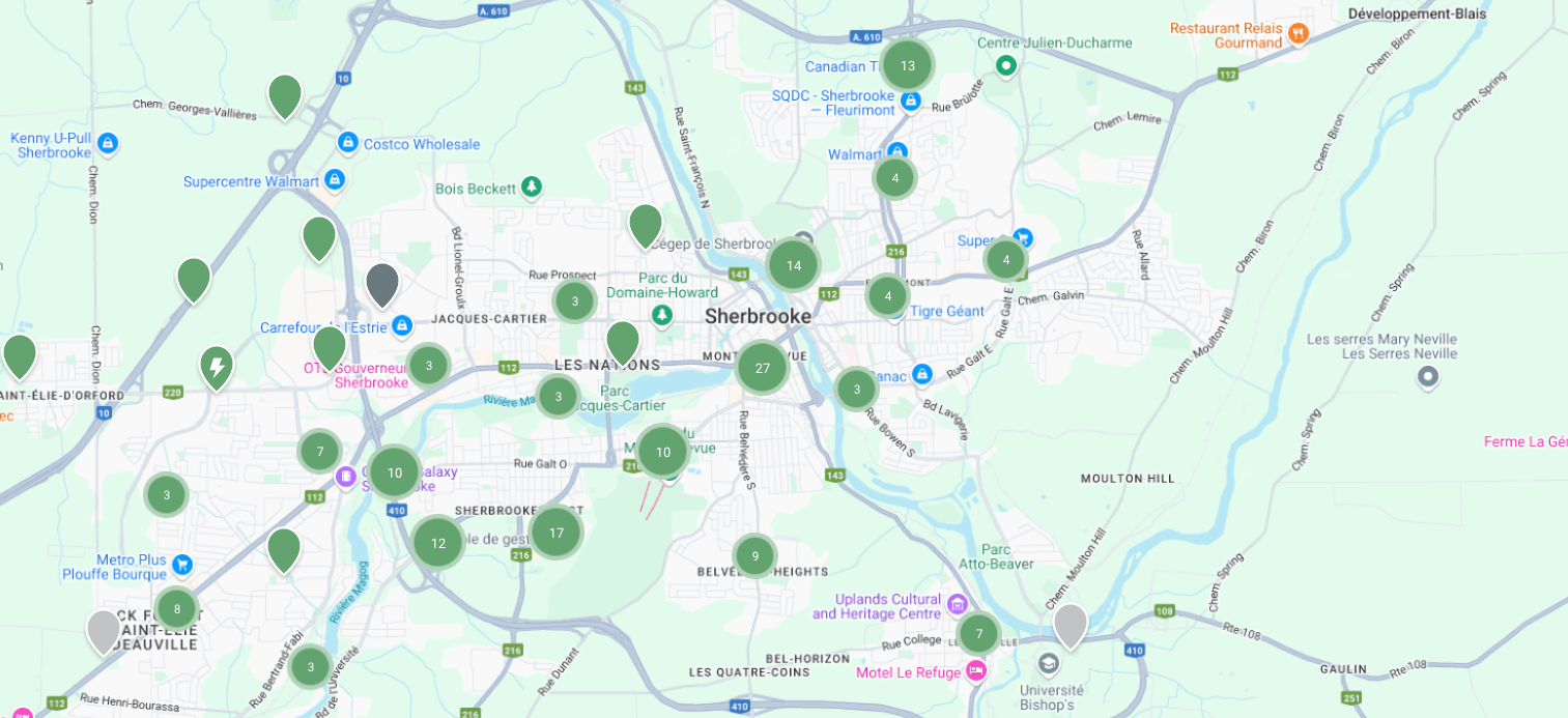 Une carte de sherbrooke qui cible les bornes élétrique dans la ville.